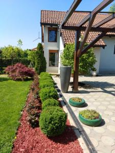 a garden with hedges and bushes in front of a house at Kuca na Savi - Stari hrast in Vladimirci