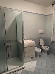 La salle de bains est pourvue de toilettes, d'un lavabo et d'une douche. dans l'établissement Ares House, à Torri di Quartesolo