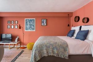 1 dormitorio con paredes de color naranja, 1 cama y TV en Sainte Hélène - Location studio - Lyon 2, en Lyon