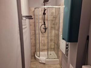 a bathroom with a shower with a toilet at Apartamenty Toskania No.4 Jacuzzi & Sauna in Poznań