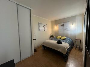 ein Schlafzimmer mit einem Bett mit gelben Kissen darauf in der Unterkunft Appartement Cosy Proche du Lac in Annecy