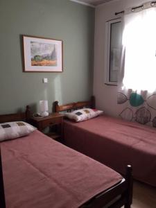 1 Schlafzimmer mit 2 Betten, einem Fenster und einem Fenster in der Unterkunft Christina Apartment in Ágios Konstantínos