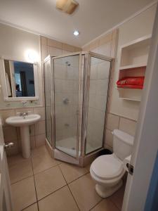 a bathroom with a shower and a toilet and a sink at Queen Angel Suite. Stunning Apartment on Grafton Beach with Direct Beach Access in Black Rock
