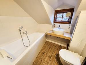 a bathroom with a sink and a tub and a toilet at Apartmány Rangifer in Plzeň