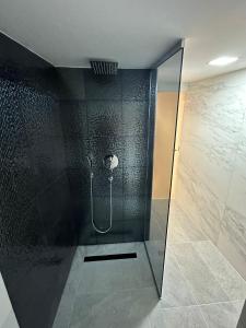 y baño con ducha y puerta de cristal. en Cabana din Deal en Băile Borşa