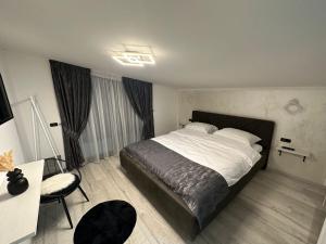 1 dormitorio con cama, escritorio y silla en Cabana din Deal en Băile Borşa