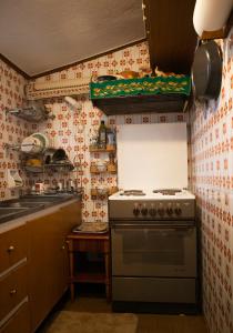 a kitchen with a stove top oven in a kitchen at Traditional County House close to Trikala 