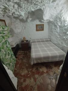 um quarto com uma cama numa parede de pedra em Casa Cueva "El Mirador de Piedra" em Pegalajar