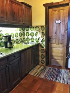 a kitchen with wooden cabinets and a sink and a door at Almapartment in Sonnleitn am Nassfeld auf 1484m in Hermagor +21 photos