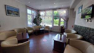 a waiting room with chairs and tables and a tv at Vila Ana-Maria in Sinaia