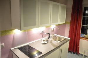a kitchen with white cabinets and a sink at Kleine einzigartige Ferienwohnung auf dem Bauernhof, direkt in der Natur mit Blick auf Schloss Braunfels in Braunfels
