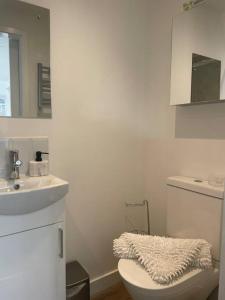 a white bathroom with a toilet and a sink at (NEW) Poppy's place - 10 minute drive from York in Skelton