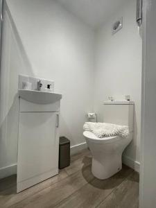a white bathroom with a toilet and a sink at (NEW) Poppy's place - 10 minute drive from York in Skelton