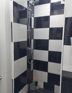 a bathroom with a shower with a black and white tiled wall at Dayana Home in Râmnicu Vâlcea