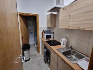 eine kleine Küche mit einer Spüle und einer Mikrowelle in der Unterkunft 31 London Road Liverpool Sleeps 4 in Liverpool