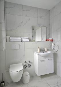 a white bathroom with a toilet and a sink at Schneider Apartments in Neustadt am Rübenberge
