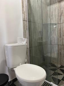 La salle de bains est pourvue de toilettes et d'une douche en verre. dans l'établissement Estrela dos Lençóis, à Atins