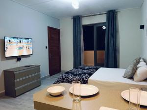 ein Hotelzimmer mit einem Bett und einem Flachbild-TV in der Unterkunft VH Studios in Flic-en-Flac