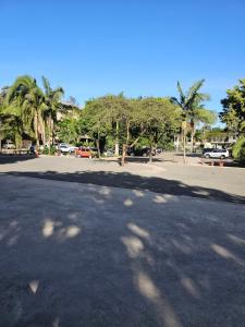 een lege straat met palmbomen op een parkeerplaats bij Lush Garden Camping in Arusha