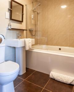 a bathroom with a toilet and a tub and a sink at Garden Cottage, Crail in Crail