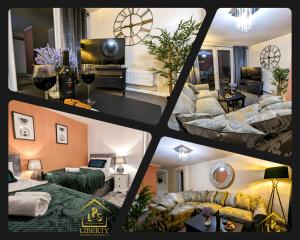 un collage de fotos de una sala de estar en 6 Guests * 4 Bedroom * Free Wi-Fi *Huntingdon, en Huntingdon