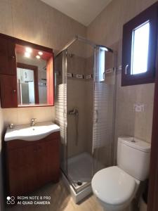 La salle de bains est pourvue d'une douche, de toilettes et d'un lavabo. dans l'établissement ANEMOESSA APTS, à Livadia
