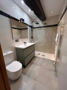 een badkamer met een toilet, een wastafel en een douche bij Apto ElizaG-1 in Lesaka