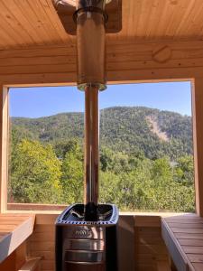 a wood stove in a cabin with a large window at Tinutul Luanei Glamping Resort in Bozioru