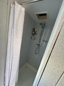 a shower in a bathroom with a shower curtain at Tracey’s Hideaway - with hot tub & amazing views in Llanasa