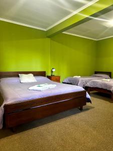 Amancay, hostal patagonico في إل كالافاتي: غرفة نوم بجدران خضراء وسريرين