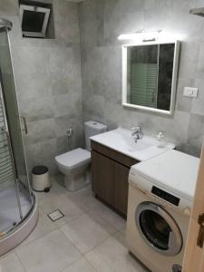 a bathroom with a washing machine and a washer at ‘C’ DAZZLING MODERN 2 BDRM APT IN KHALDA Free WIFI in Amman