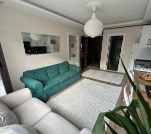- un salon avec un canapé vert et un tapis dans l'établissement Nalyapan Apartmanı, à Konak