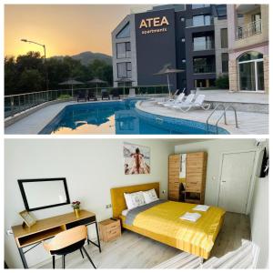 pokój hotelowy z łóżkiem i basenem w obiekcie Apartment Perla - АТЕА Complex w mieście Kawarna