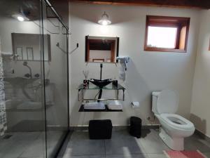 a bathroom with a toilet and a glass shower at Chalés Ninho do Poeta in Gonçalves