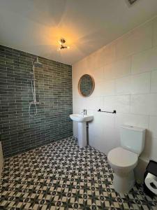 a bathroom with a toilet and a sink at Moig Lodge - 7 Double Bedroom Barn Conversion in Limerick