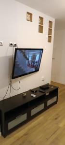 sala de estar con TV de pantalla plana en la pared en Duplex lumineux & Wifi Netflix, en Roubaix