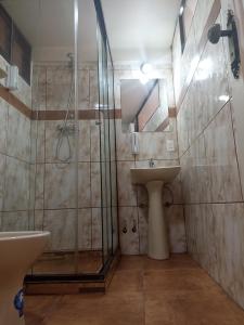 een badkamer met een glazen douche en een wastafel bij RIXAA Hotels in La Paz