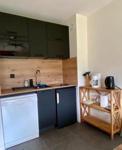 a kitchen with a sink and a dishwasher at Appartement rénové T2, vue montagne in Samoëns