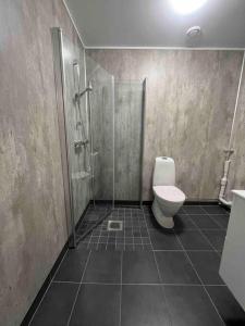 a bathroom with a shower and a toilet at Leilighet med egen uteplass og utsikt. Parkering. in Svolvær