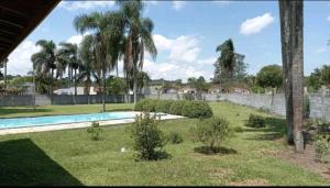 un patio trasero con piscina y palmeras en Linda chácara em Ibiúna, en Ibiúna