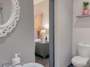 a bathroom with a toilet and a mirror at Amoris Guesthouse - Sandton in Johannesburg