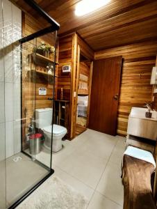 烏魯比西的住宿－Casa em Urubici Sítio Pássaro D'água，一间带卫生间和玻璃淋浴间的浴室