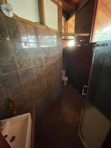 a bathroom with a shower and a sink and a toilet at Perla Negra Beachfront in Puerto Viejo