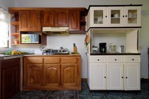 a kitchen with wooden cabinets and white appliances at HeCo House in Monteverde Costa Rica