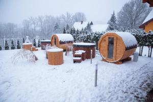 a snow covered yard with a bunch of yurt homes at Górskie Wytchnienie in Jelenia Góra