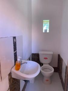 a white bathroom with a toilet and a sink at Orlando´s House in Amantani