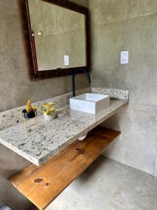 eine Badezimmertheke mit einem Waschbecken und einem Spiegel in der Unterkunft Canastra - Chalés Canário de Minas in São João Batista do Glória