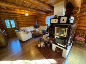 a living room with a fireplace in a log cabin at Drevenica Donovaly in Donovaly