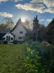 a white house with the sun in the background at Forge Cottage Suffolk in Sudbury