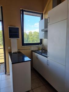 l'heure des vacances في فرويد-شابيل: مطبخ مع ثلاجة بيضاء ونافذة